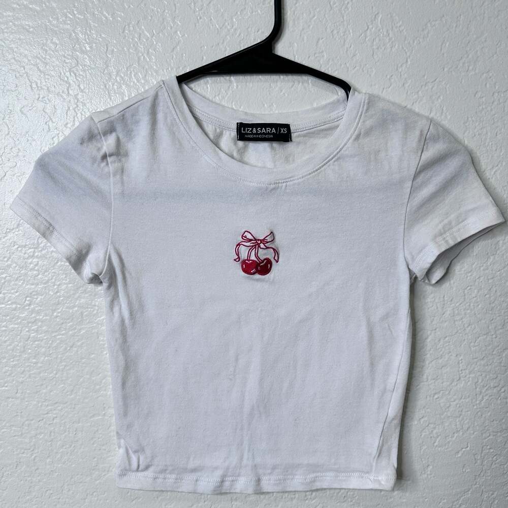 Liz & Sara White Cherry Bow Embroidered Baby Tee